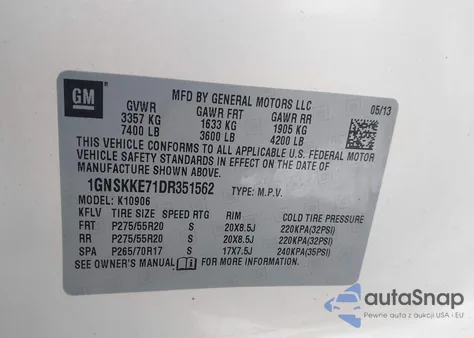 2013 Chevrolet Suburban 1500 Ltz from USA, damaged, VIN 1GNSKKE71DR351562